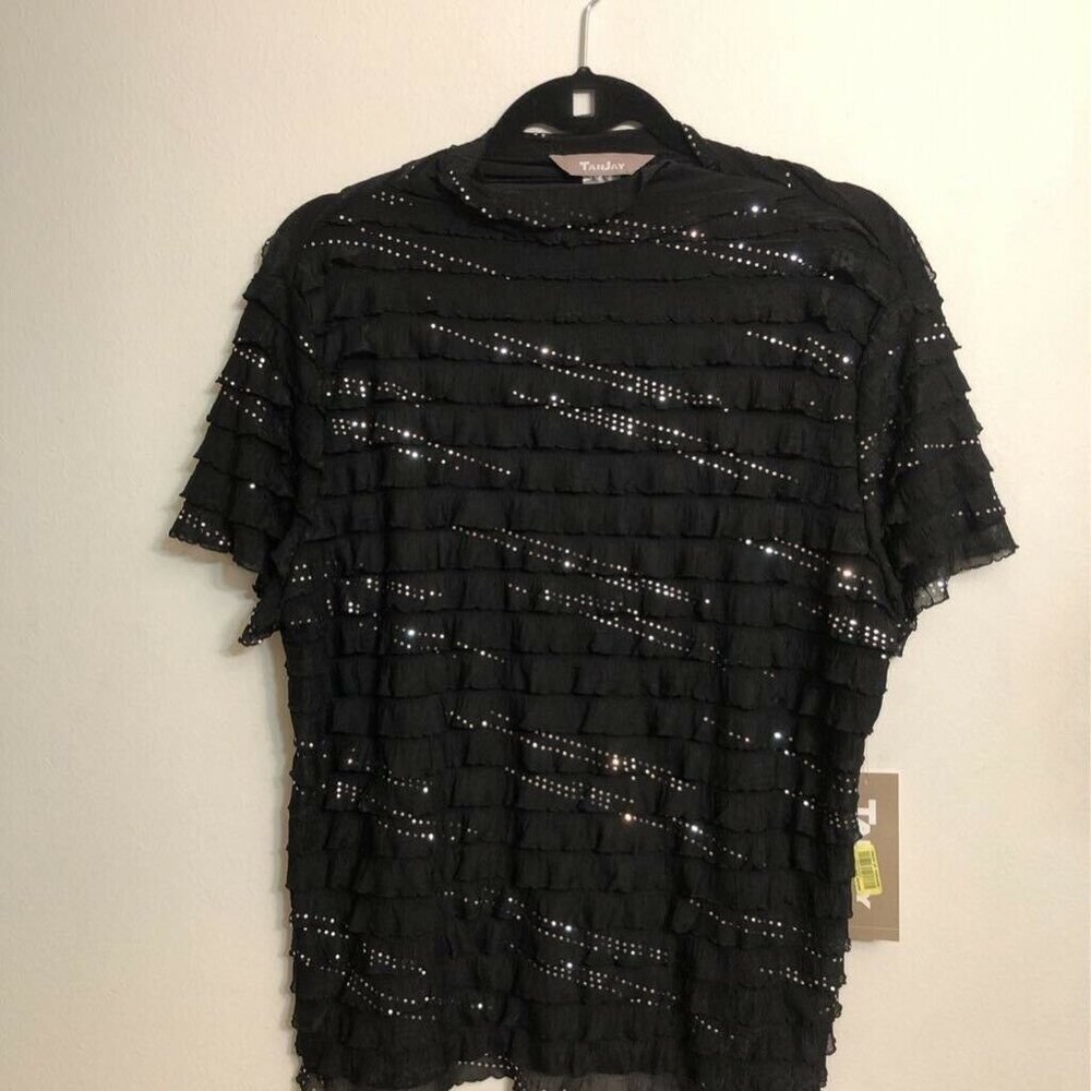 TanJay Womens Blouse Black Tiered Ruffle Stretch L